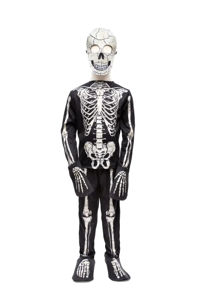 Glow-in-the-dark skeletkostuum, top, broek en masker - Great Pretenders (7-8 jaar)