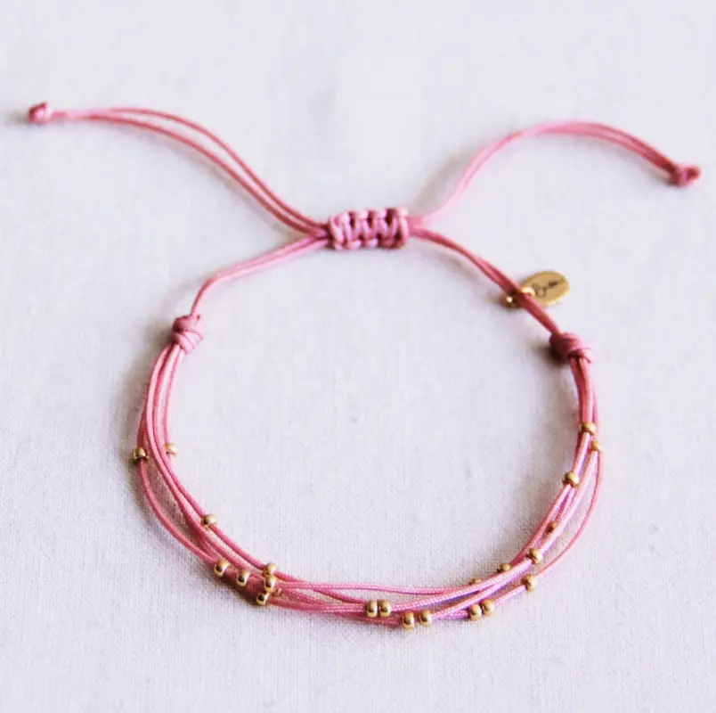 Quadruple Satin Bracelet with Beads Pink - Bazou