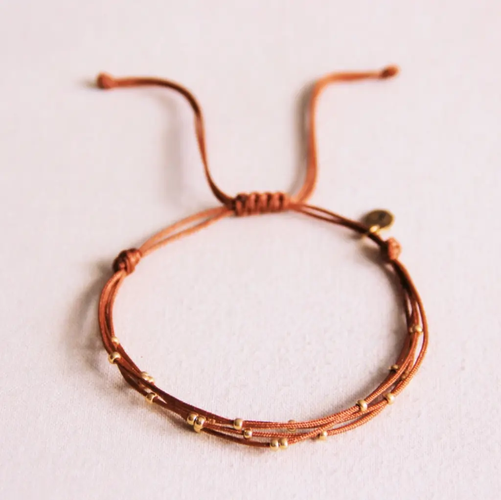 Quadruple Satin Bracelet with Beads Cognac - Bazou