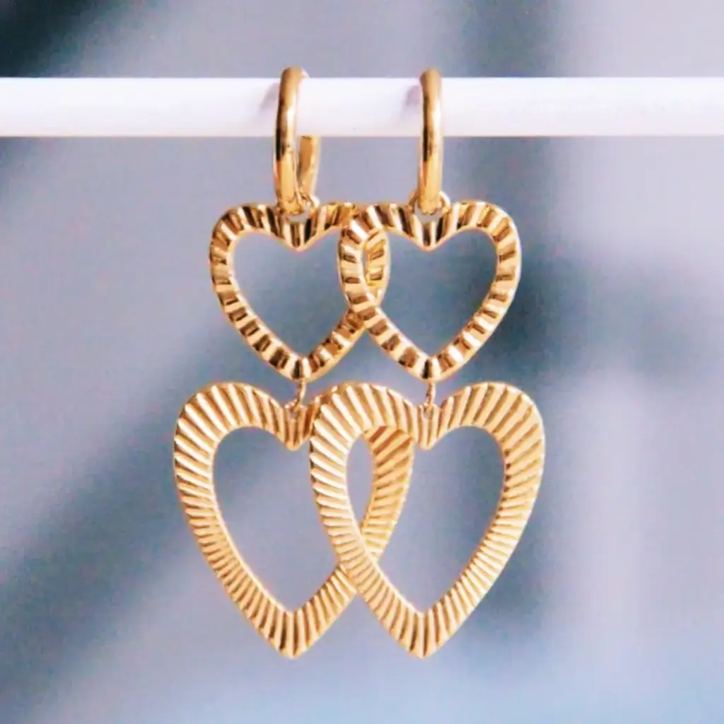 Boucles d'oreilles en acier inoxydable avec cordons brillants, facette et cœur - Bazou
