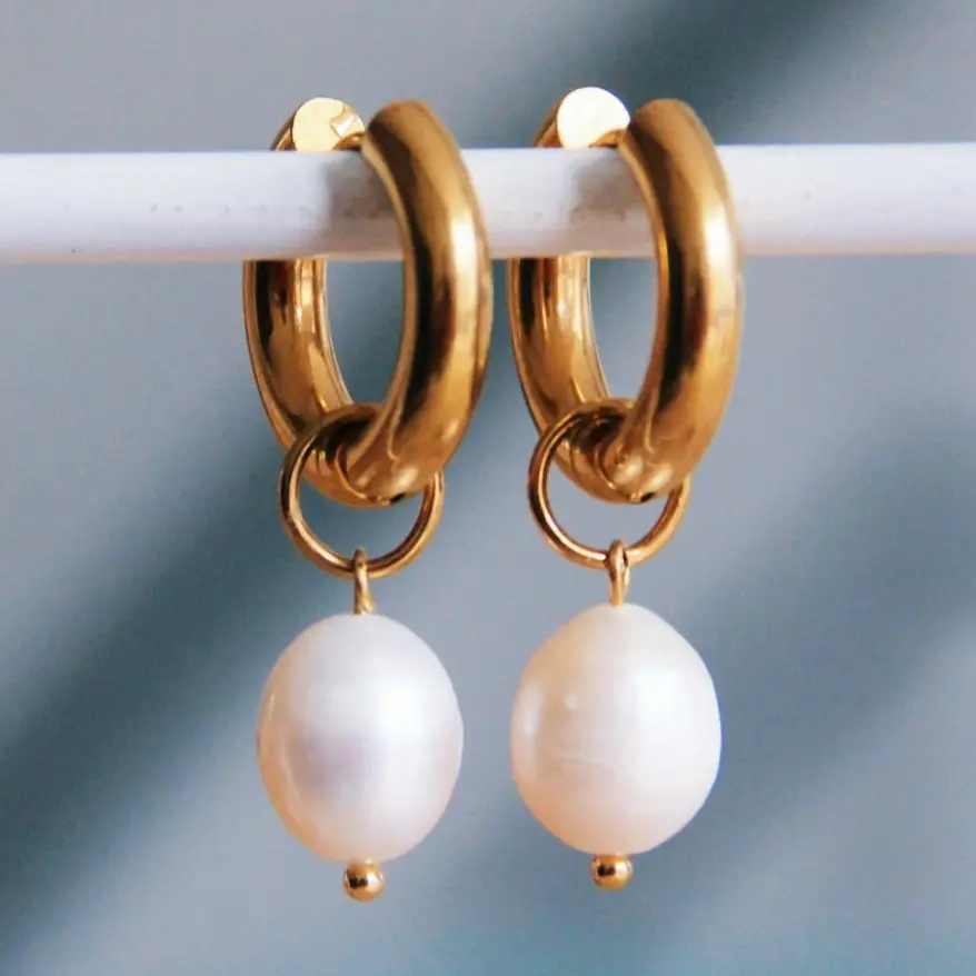 Boucles d'oreilles larges en acier inoxydable avec perle d'eau douce XL doré - Bazou