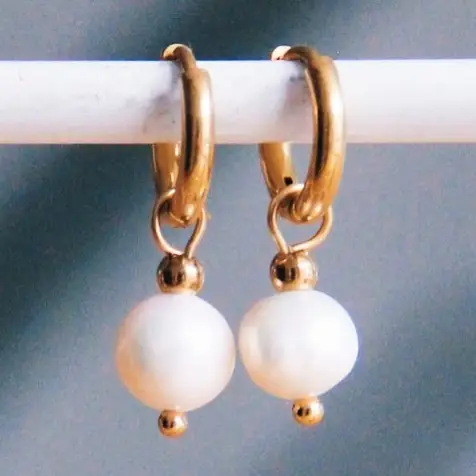 Stainless Steel Hoops with Freshwater Pearl Drop Gold - Bazou