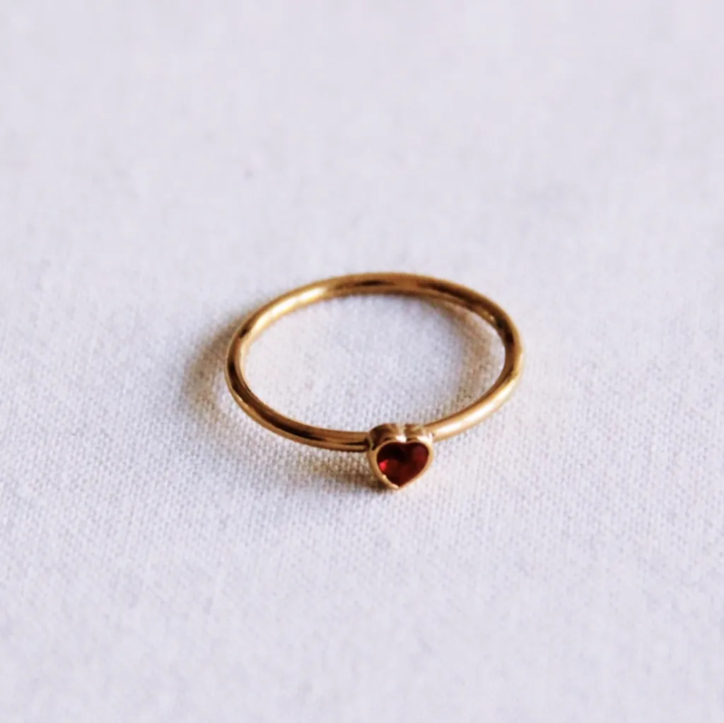 Minimalist Ring with Red Crystal Heart - Bazou