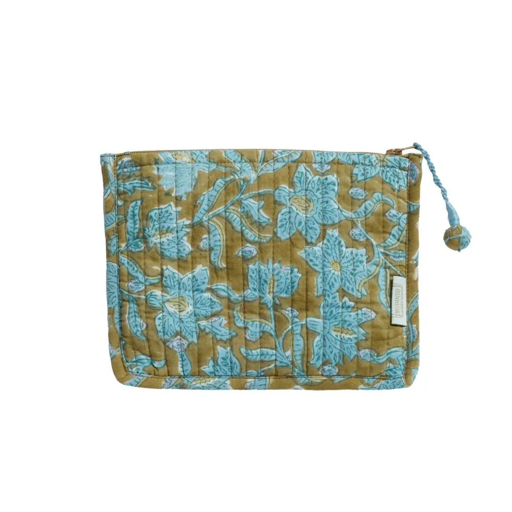 Small Quilted Pouch with Indian Flower Print Lotus Khaki - Bonheur du Jour