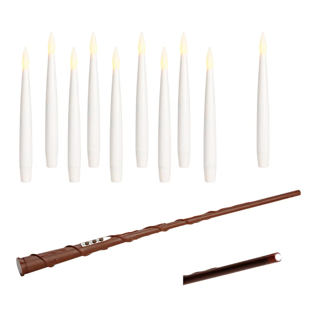 Set of 10 Floating LED Candles with Magic Wand Remote, String and Hooks, White Wax - Wurm