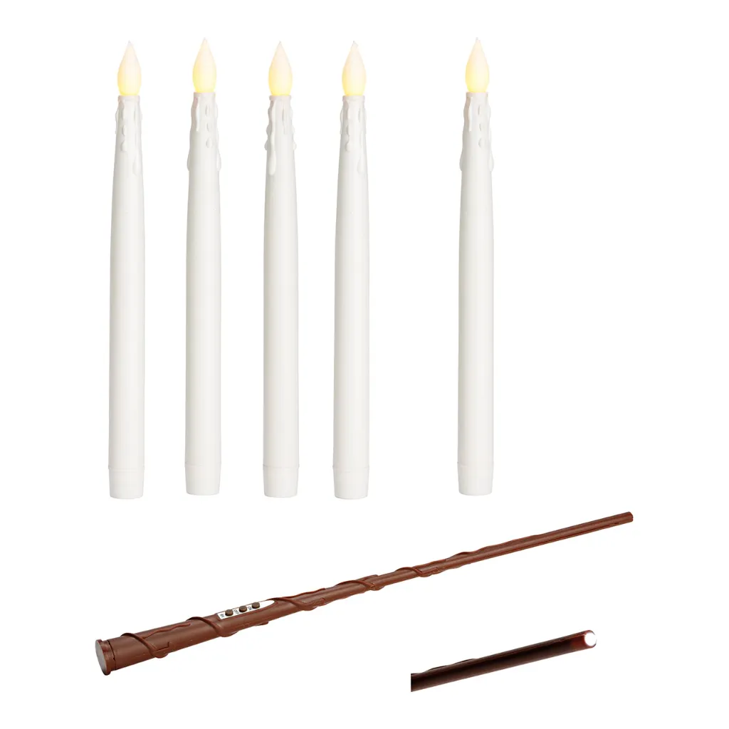 Lot de 5 bougies LED flottantes avec télécommande en forme de baguette magique, fil et crochets, en cire, blanc - Wurm